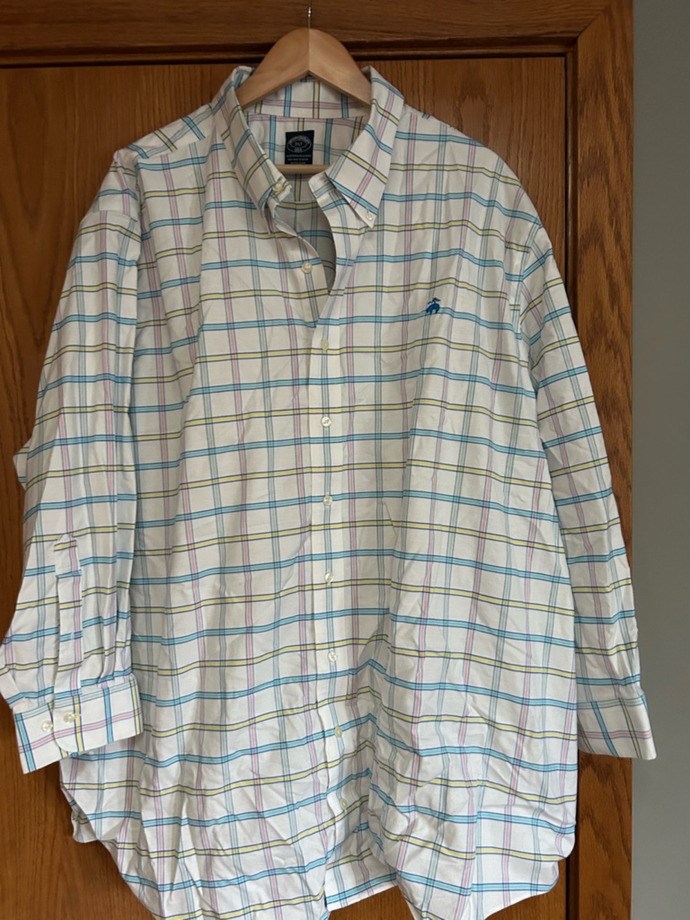 Brooks Brothers White Plaid Button-Down Shirt with Blue & Green Checks